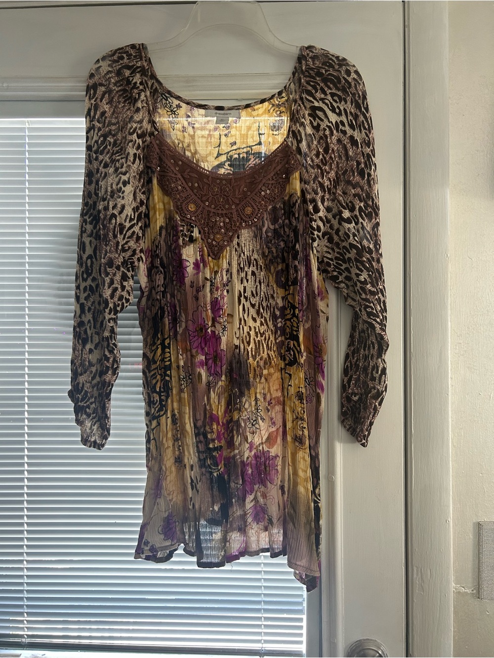dressbarn Mixed Print Tunic Top in Brown, Purple & Yellow
